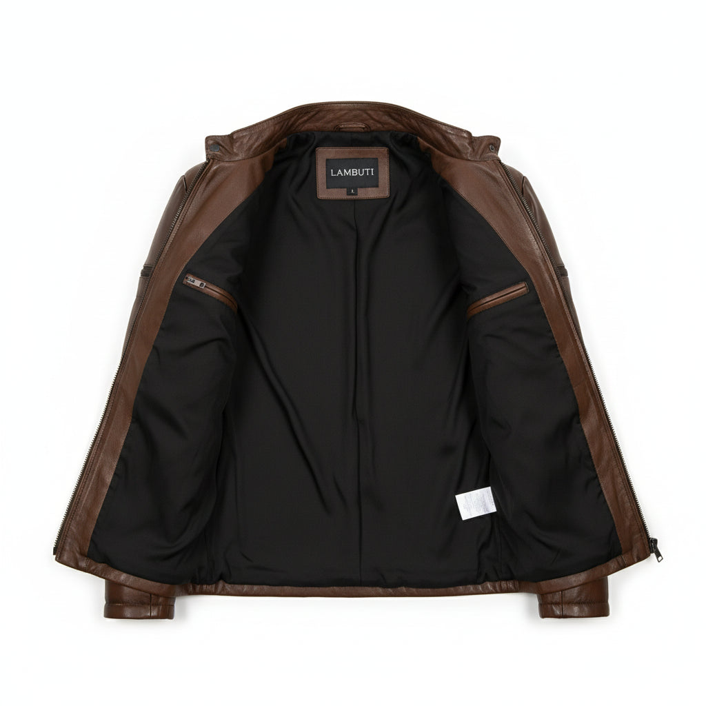 close-up-lining - Men brown real leather quilted jacket, Men antique brown biker jacket