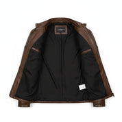close-up-lining - Men brown real leather quilted jacket, Men antique brown biker jacket