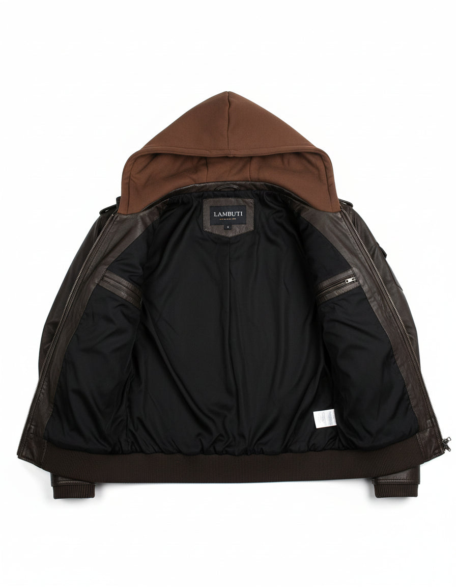 close-up-lining - Men Brown Slim Fit Fabric Hooded Jacket, Leather Hooded Jacket, Hoodies