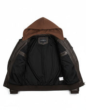 close-up-lining - Men Brown Slim Fit Fabric Hooded Jacket, Leather Hooded Jacket, Hoodies