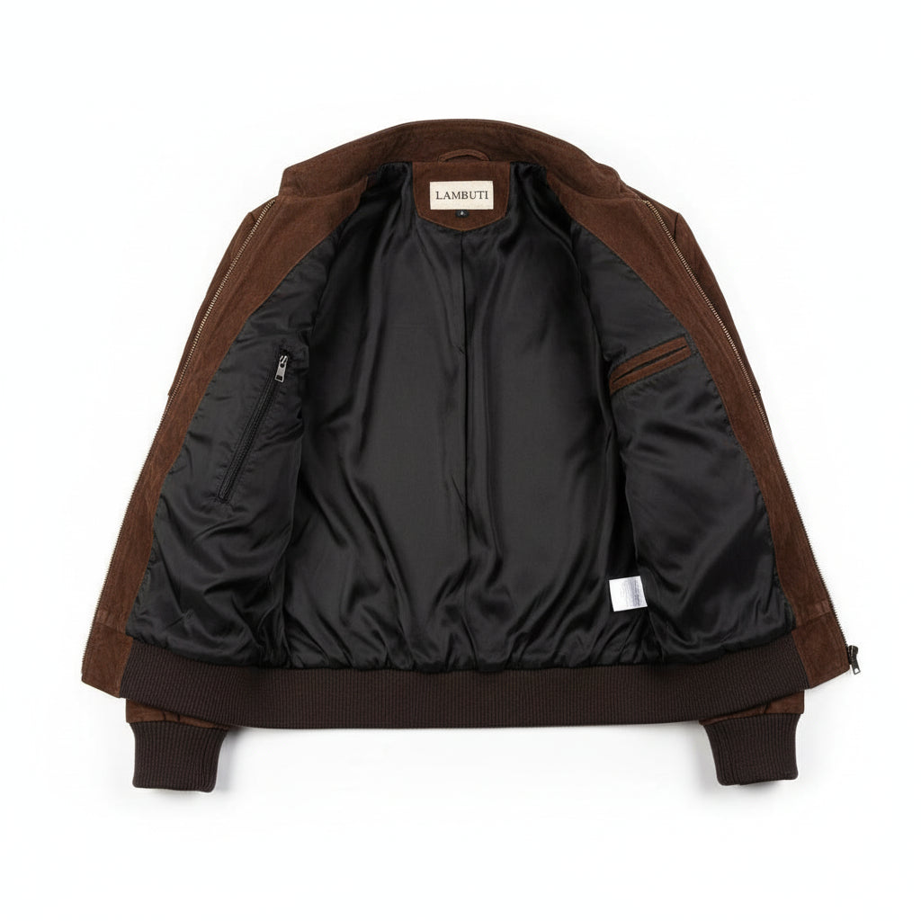 close-up-lining - Men Brown suede slim fit jacket, Men brown suede biker jacket