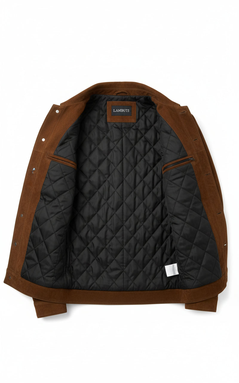 close-up-lining - Men brown suede trucker jacket, Men trucker suede shirt collared jacket