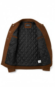 close-up-lining - Men brown suede trucker jacket, Men trucker suede shirt collared jacket