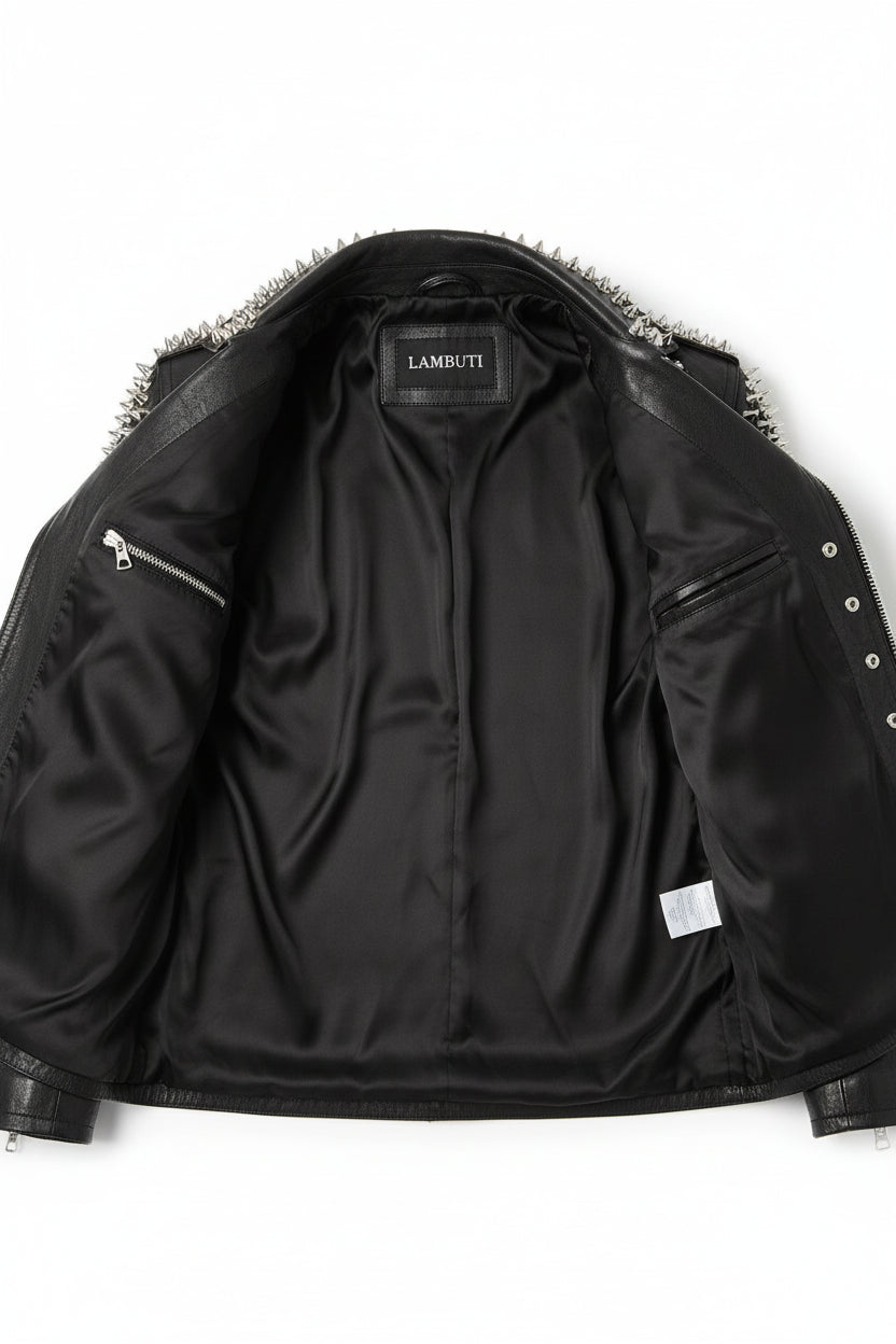 close-up-lining - Men Casual Black Silver Studded Rocker Punk Style Biker Leather Jacket