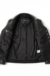close-up-lining - Men Casual Black Silver Studded Rocker Punk Style Biker Leather Jacket