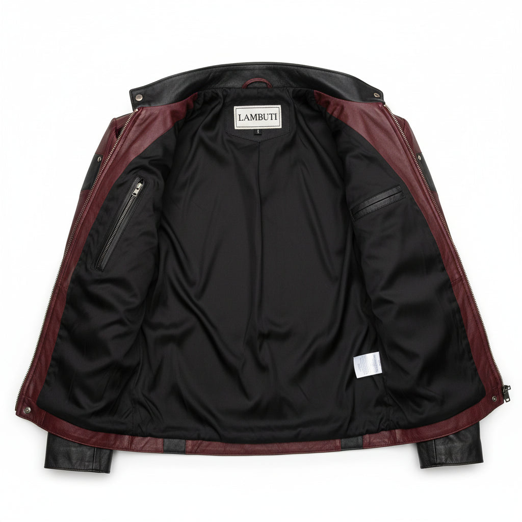 close-up-lining - Men Charlie Cox Daredevil Costume Leather Jacket Maroon Black Contrast