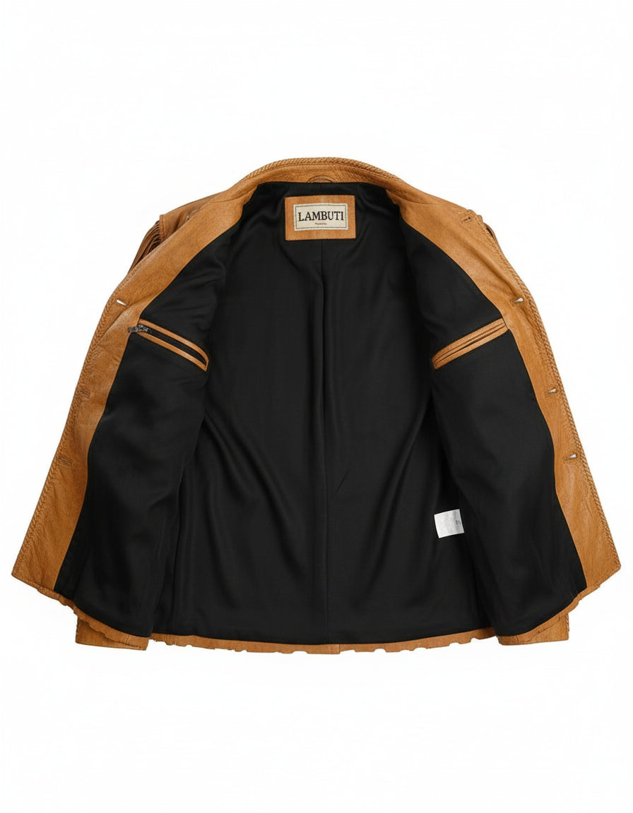 close-up-lining - Men Cowboy Style Leather Jacket, Western Style Fringe Leather Jackets