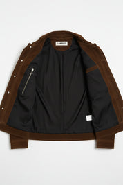 close-up-lining - Men dark brown suede trucker jacket, Brown trucker suede jacket