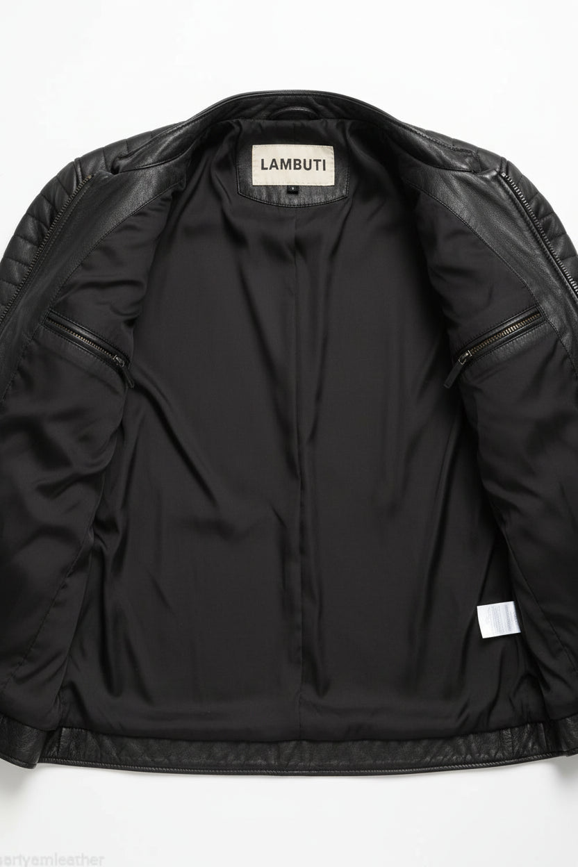 close-up-lining - Men Fashion Black Leather Jacket Motorcycle Leather Jacket Biker Jacket