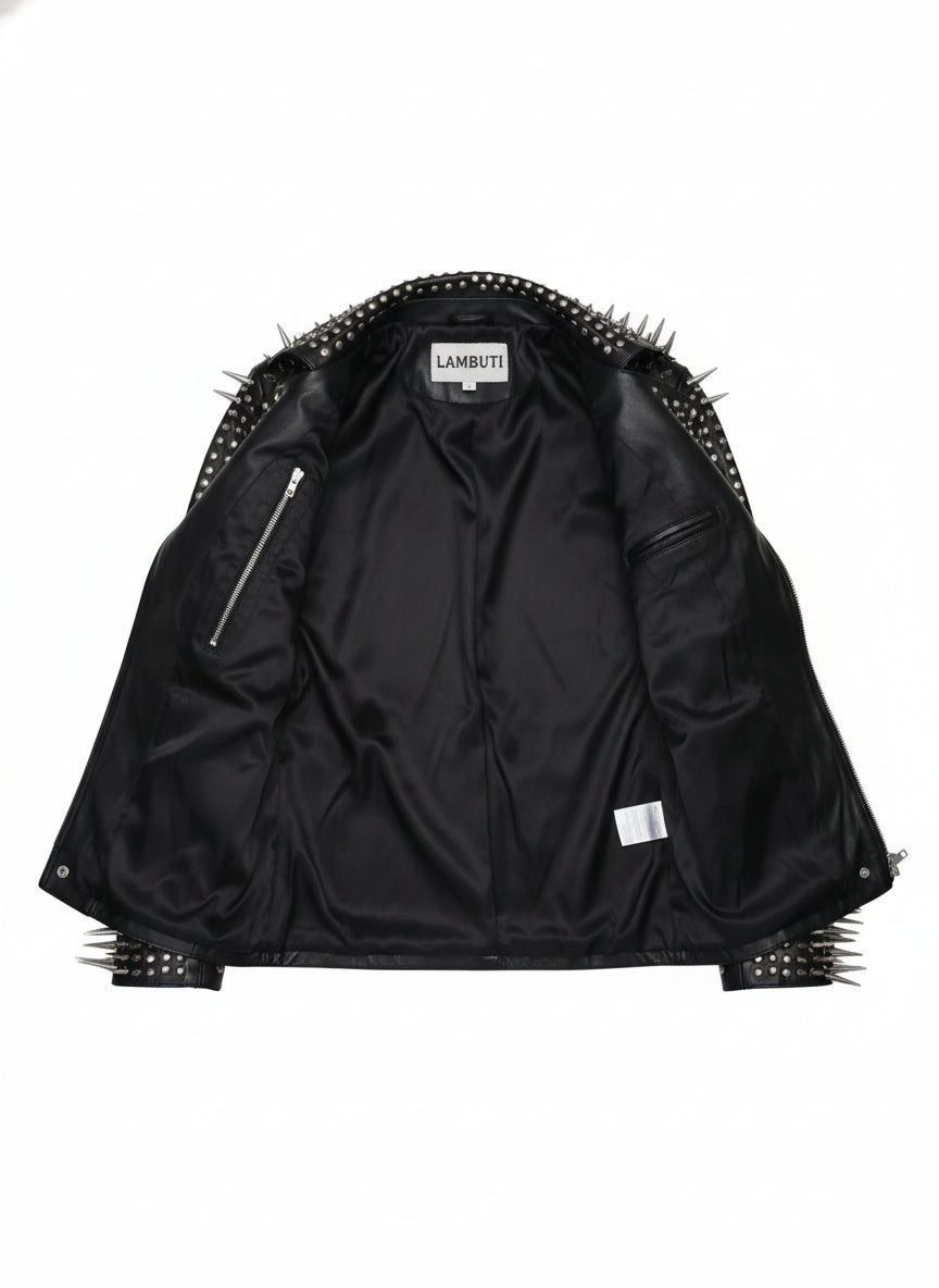 close-up-lining - Men Full Black Punk Silver Long Spiked Studded Leather Brando Biker Jacket
