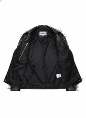 close-up-lining - Men Full Black Punk Silver Long Spiked Studded Leather Brando Biker Jacket