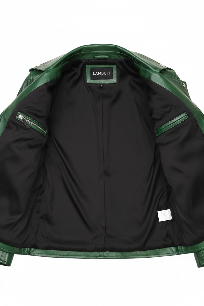 close-up-lining - Men green biker leather jacket, green belted motorcyle jacket for men