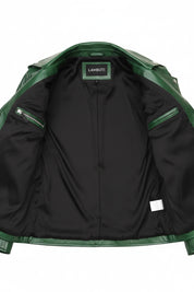 close-up-lining - Men green biker leather jacket, green belted motorcyle jacket for men