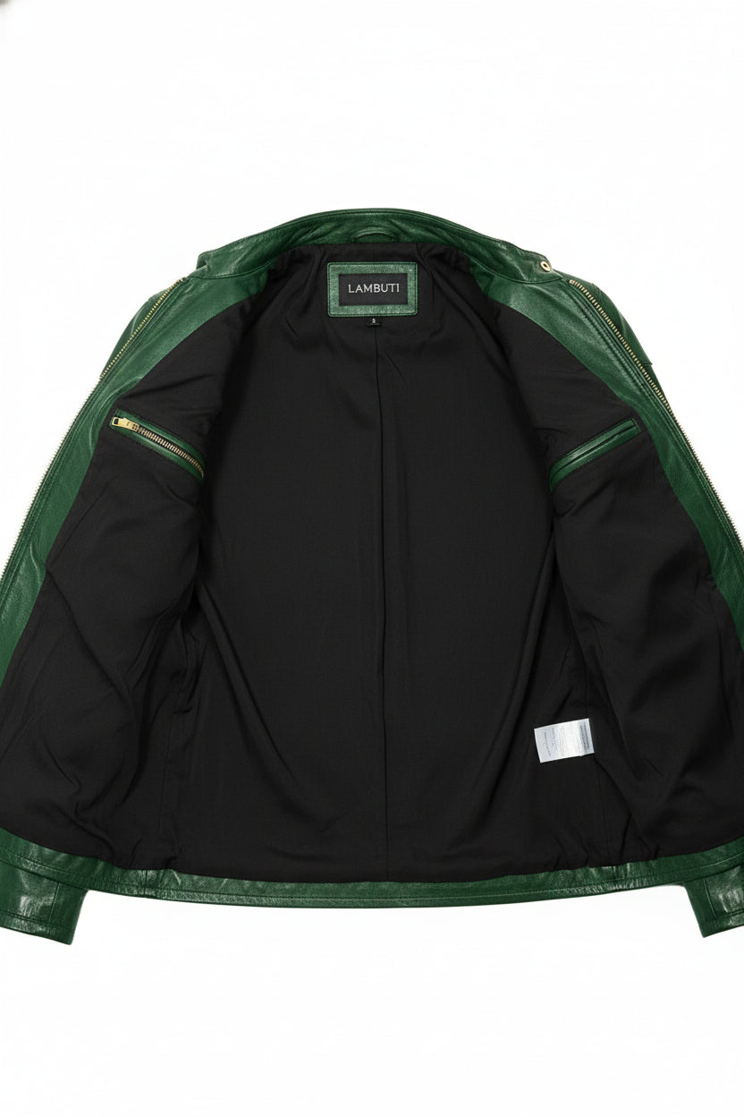 close-up-lining - Men Green leather slim fit jacket, Men biker jacket, Motorcycle jacket men
