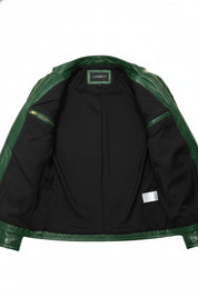 close-up-lining - Men Green leather slim fit jacket, Men biker jacket, Motorcycle jacket men