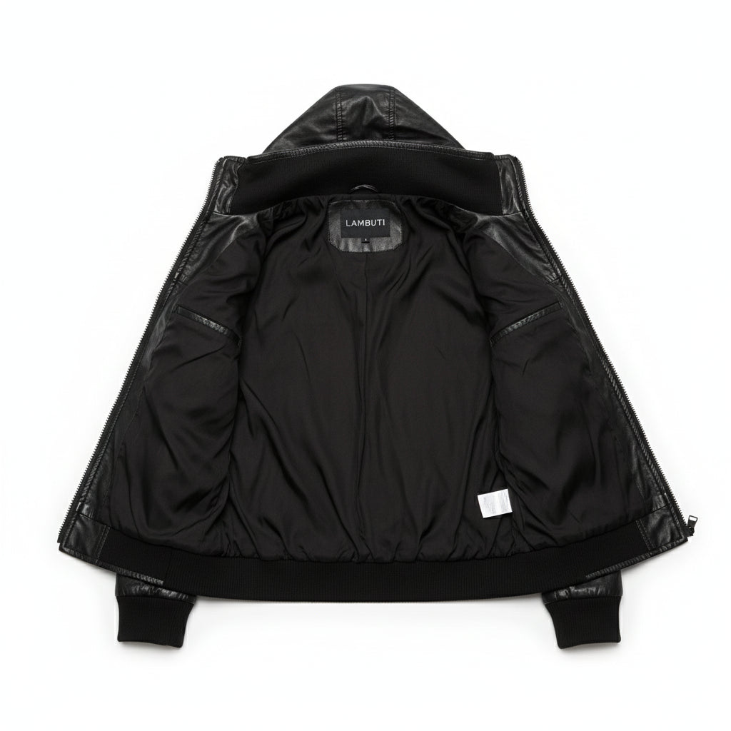 close-up-lining - Men Korean Style Hooded Leather Jacket, Slim Fit Leather Jacket