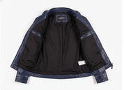 close-up-lining - Men Navy blue biker leather Jacket, Blue motorcycle jacket, jacket for men