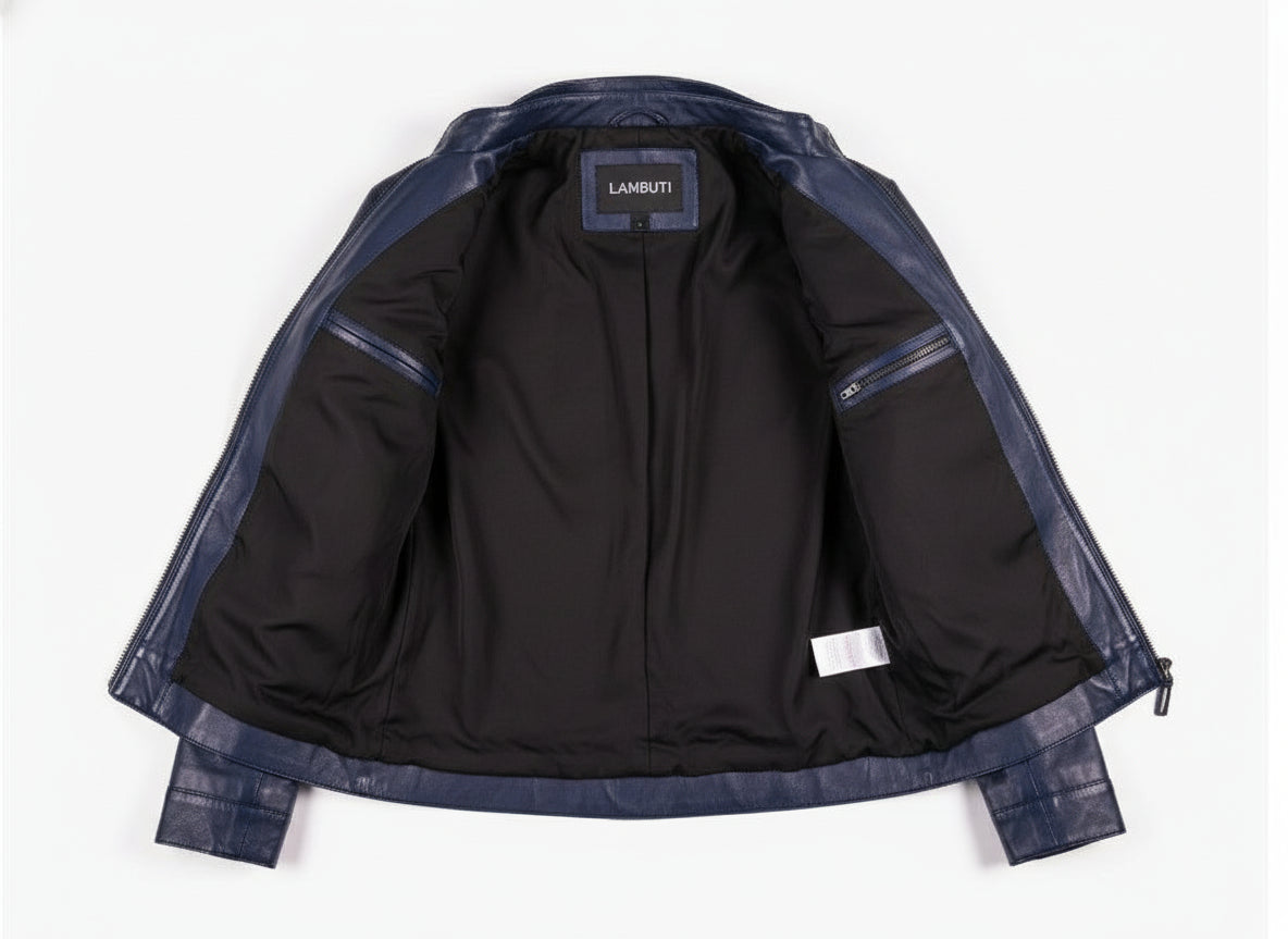 close-up-lining - Men Navy blue biker leather Jacket, Blue motorcycle jacket, jacket for men