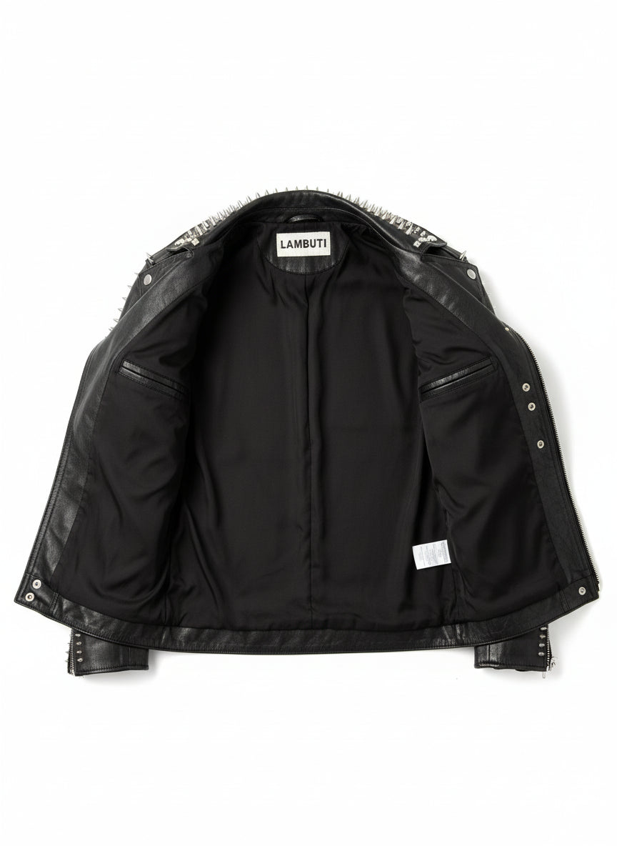 close-up-lining - Men Punk Black Embroidered Jacket. Men Leather Rock Studded Spiked Jacket