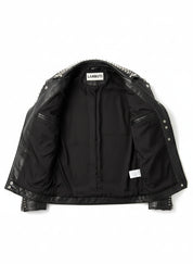 close-up-lining - Men Punk Black Embroidered Jacket. Men Leather Rock Studded Spiked Jacket