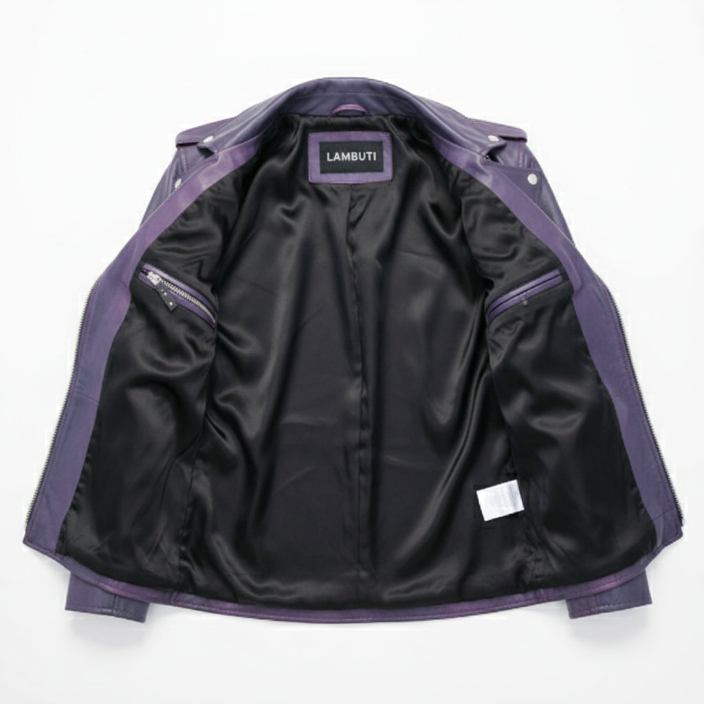 close-up-lining - Men Purple Leather Fashion Jacket, Purple Leather Biker Jacket