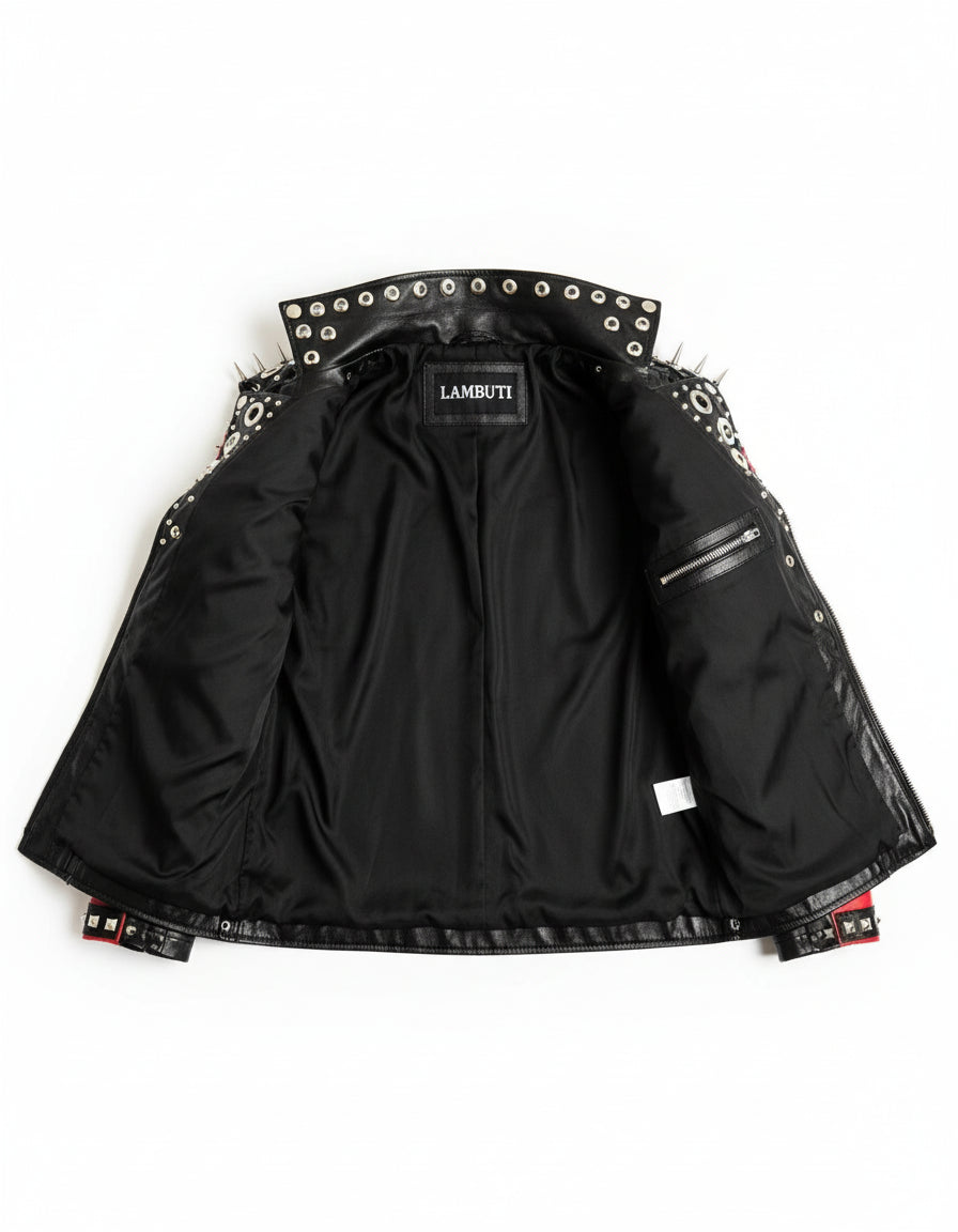 close-up-lining - Men Red and Black Gothic studded leather jacket, Men studded jacket