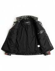 close-up-lining - Men Red and Black Gothic studded leather jacket, Men studded jacket