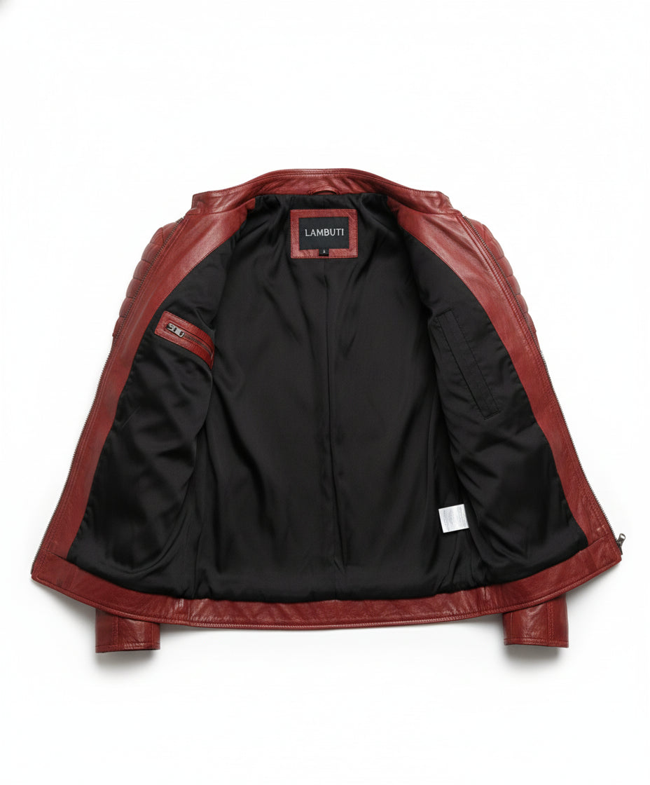 close-up-lining - Men Red Leather Biker Fashion Jacket with Stripes, Mens Leather Apparel