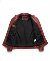 close-up-lining - Men Red Leather Biker Fashion Jacket with Stripes, Mens Leather Apparel