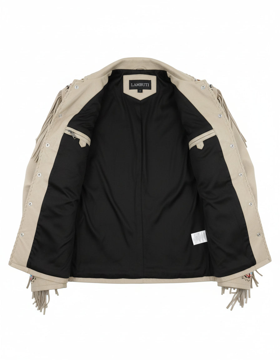 close-up-lining - Men Sculley Beige Finished Cow Suede Leather Jacket Western Wear Beads & Fringe
