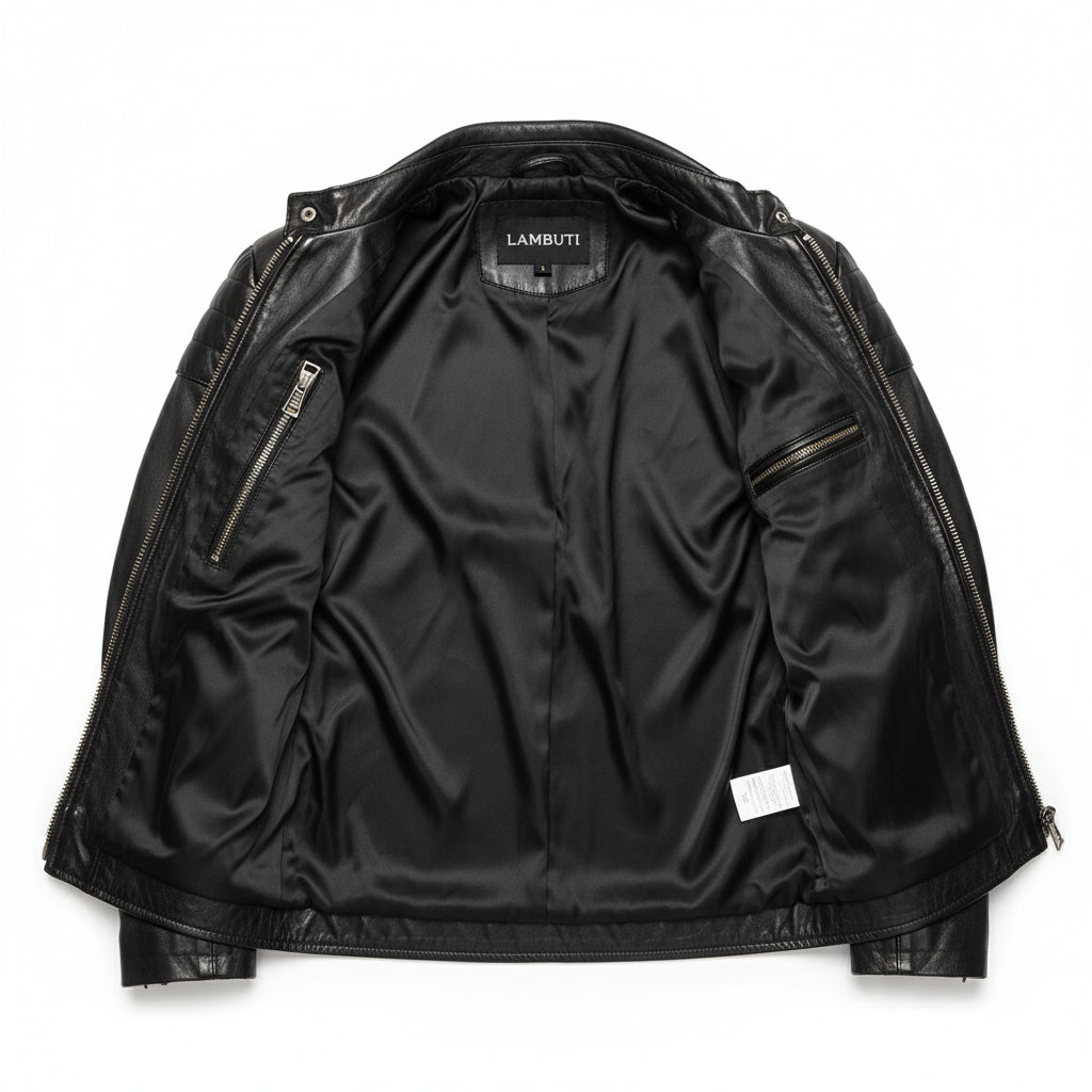 close-up-lining - Men Slim Fit Black Sheep Leather Biker Jacket, Men Premium Leather Motorcycle Jacket