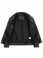 close-up-lining - Men Stand Collar Leather Jacket, Black Jacket, 's Biker Leather Jackets