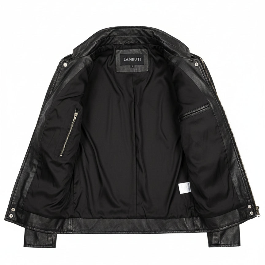 close-up-lining - Men Stand Collar Leather Jacket, Black Jacket, 's Biker Leather Jackets