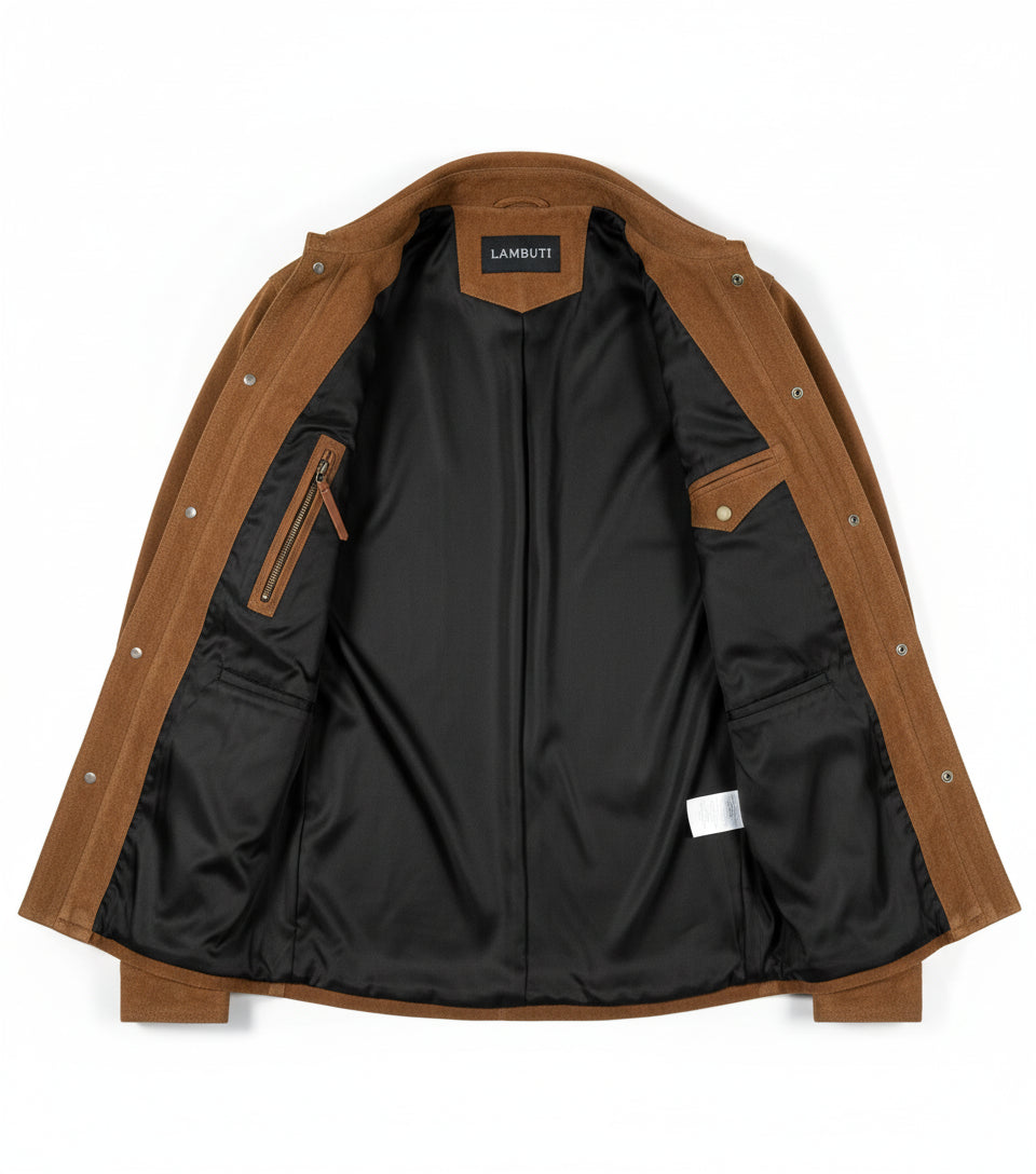 close-up-lining - Men tan suede leather Shirt, tan brown flap pockets leather shirt jacket