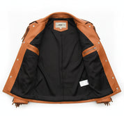 close-up-lining - Men Tan Western Style Leather Jacket ,Cowboy Cowhide Leather Fringe Jacket