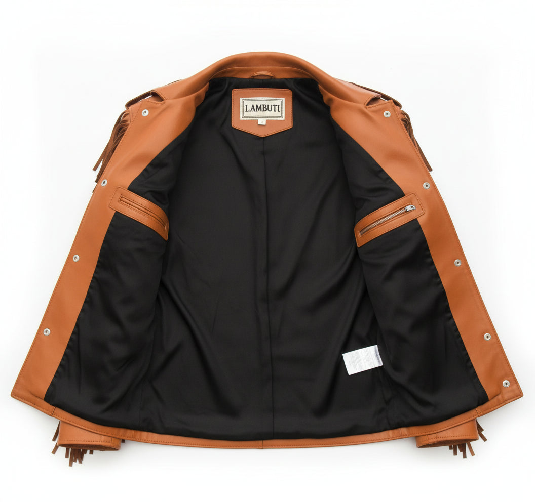 close-up-lining - Men Tan Western Style Leather Jacket ,Cowboy Cowhide Leather Fringe Jacket