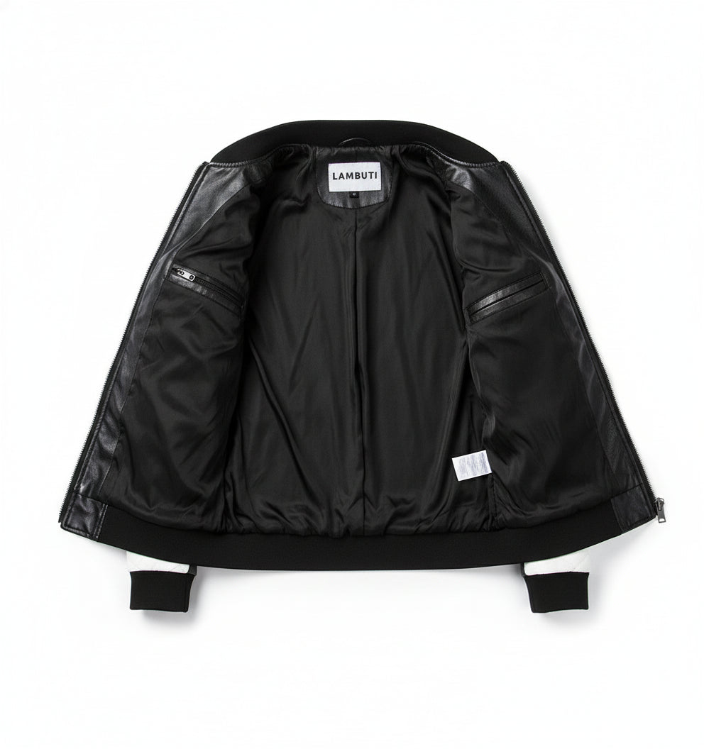 close-up-lining - Men Two Tone Quilted Leather Jacket Mens Fashion Stand Collar Rider Jacket