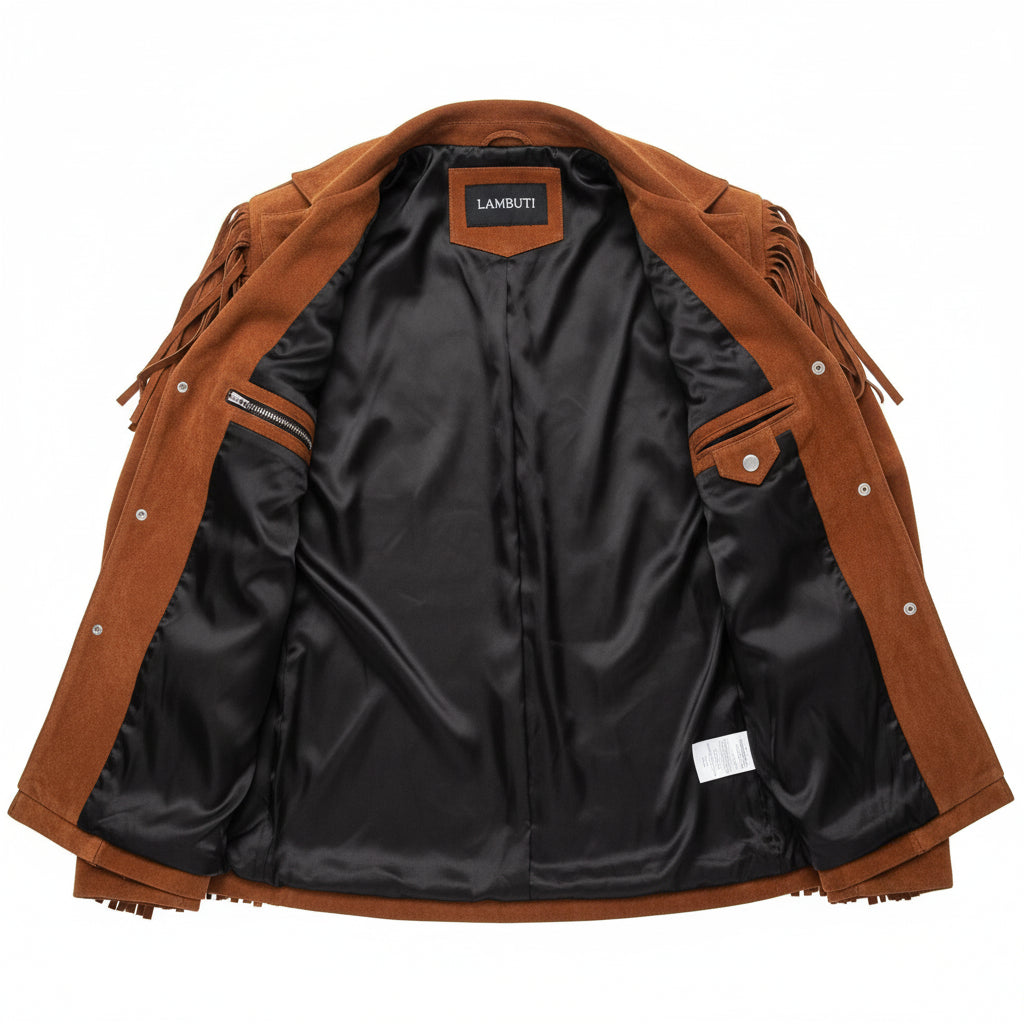 close-up-lining - Men Western Suede Leather Jacket ,Tan Cowboy Suede Leather, Cowboy Jacket