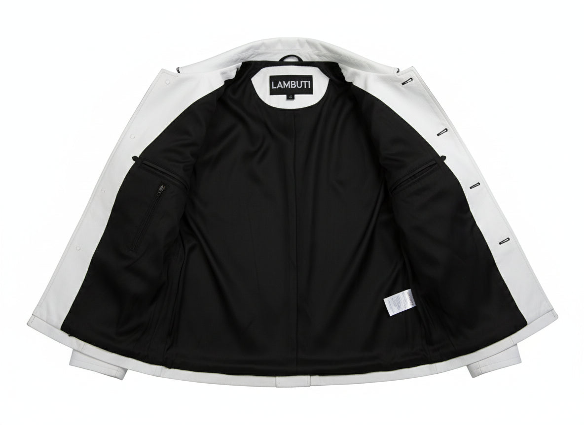 close-up-lining - Men White Cow Leather Western Cowboy Jacket With Fringe, Mens Fringe Jacket