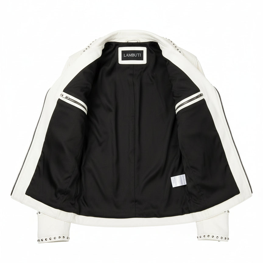 close-up-lining - Men White Studded Leather Jacket, Motorcycle Fashion Leather Jackets