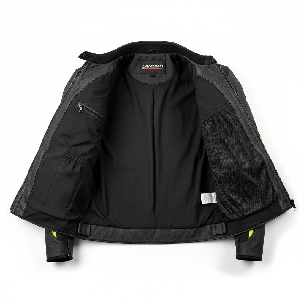 close-up-lining - Men Yellow and black contrast Motorcycle racing Jacket with Safety Pads