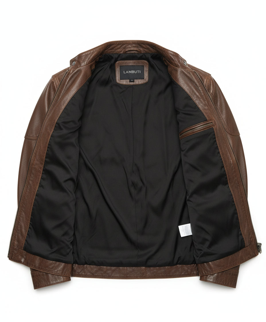close-up-lining - Men's Antique Brown Biker Leather Jacket