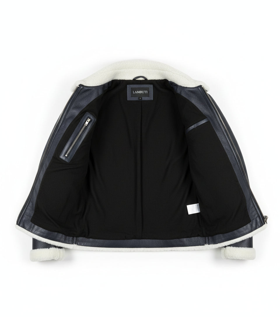 close-up-lining - Men's B-3 Shearling Jacket, Aviator Leather Jacket, Bomber Jacket, Flight Jacket