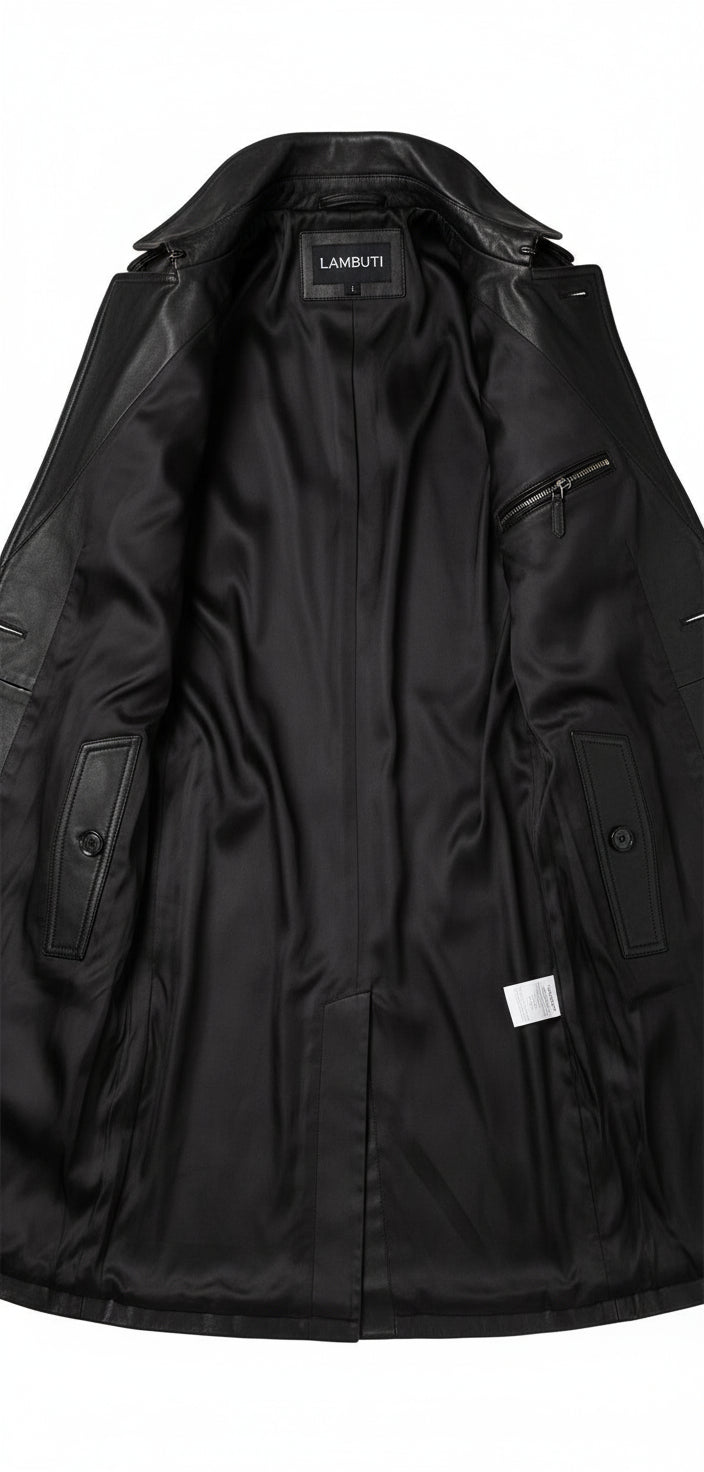 close-up-lining - Men's Belted Leather Trench Coat in Genuine Cowhide