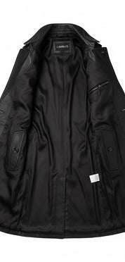 close-up-lining - Men's Belted Leather Trench Coat in Genuine Cowhide