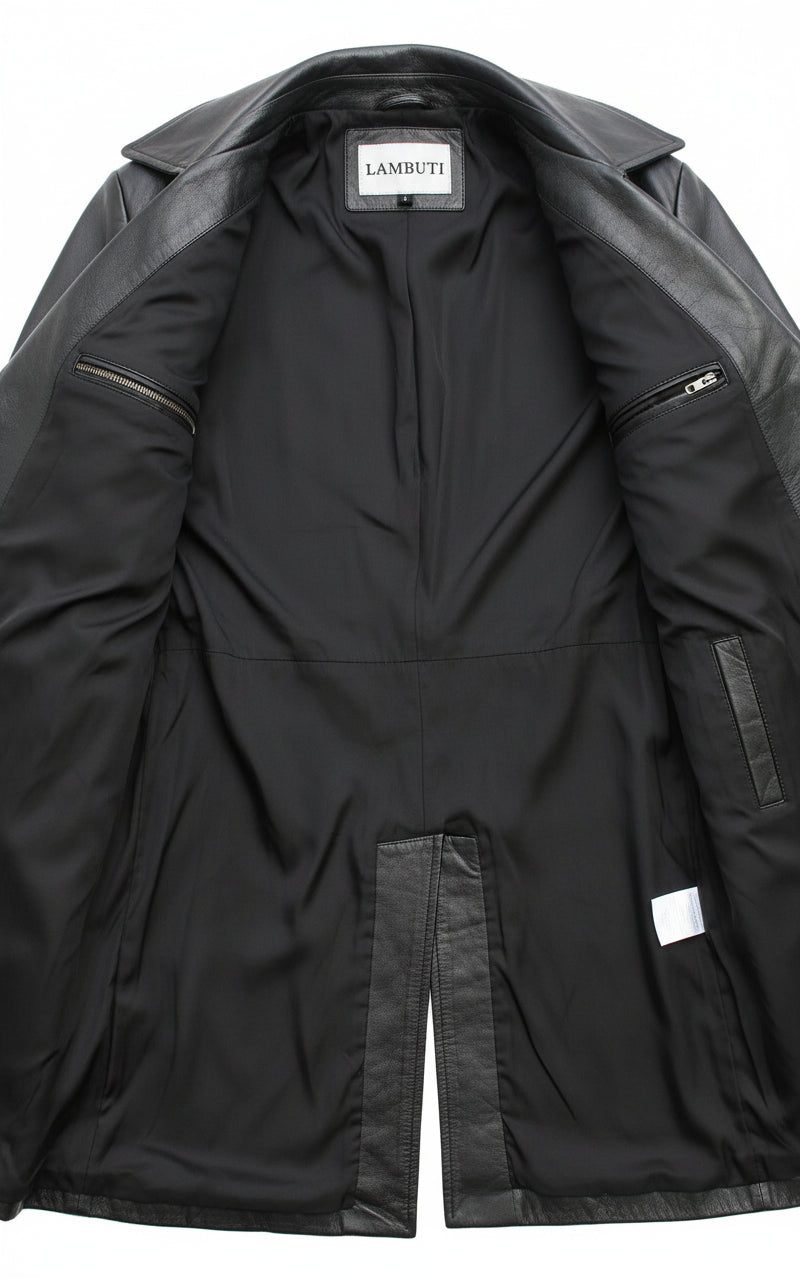 close-up-lining - Mens Bespoke Long Coat Fashion Leather Jacket Real Cowhide Leather Jacket