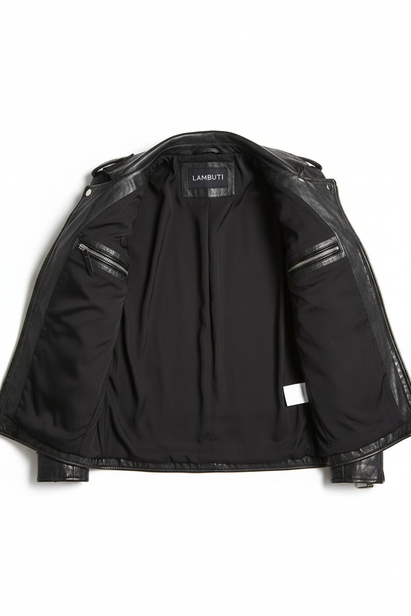 close-up-lining - Men's Biker Leather Jacket - Custom Fit Black Cowhide Jacket