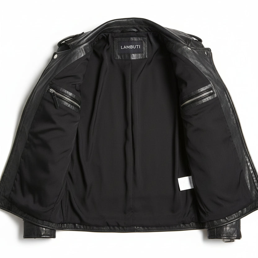 close-up-lining - Men's Biker Leather Jacket - Custom Fit Black Cowhide Jacket