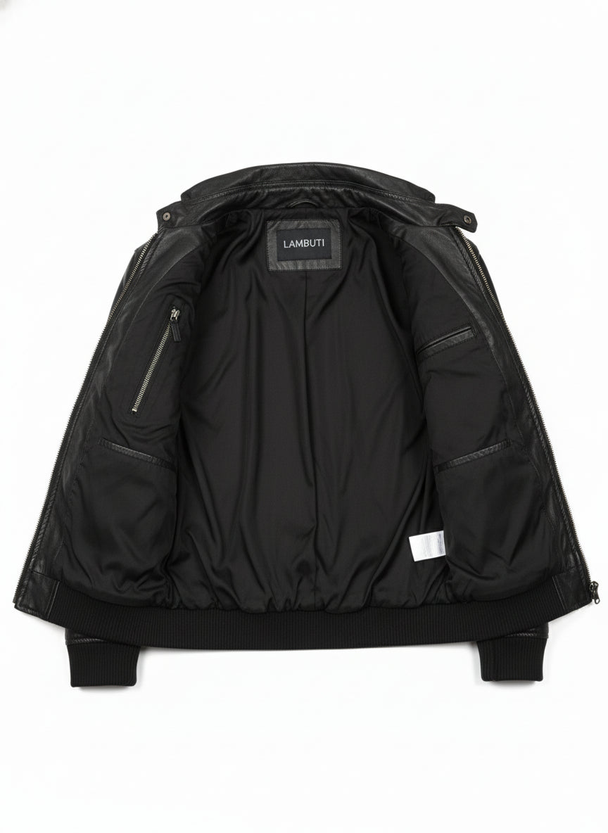 close-up-lining - Mens Biker Leather Jacket, Men Slim Fit Black Biker Leather Jacket