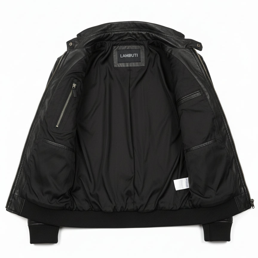 close-up-lining - Mens Biker Leather Jacket, Men Slim Fit Black Biker Leather Jacket